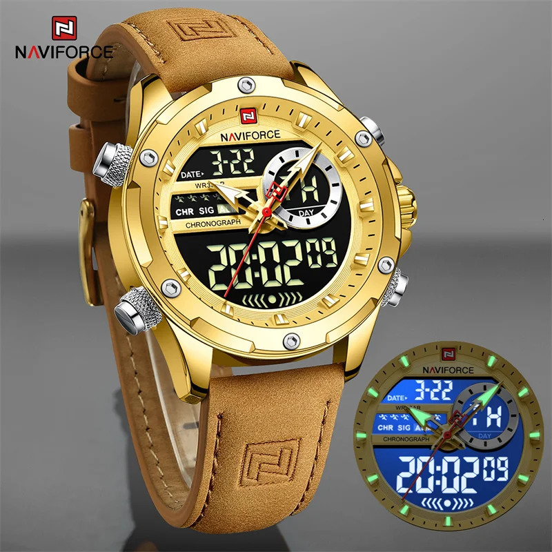 NAVIFORCE Original Watches For Men Casual Sport Chronograph Alarm Quartz WristWatch Leather Waterproof Digital Clock 9163 260114