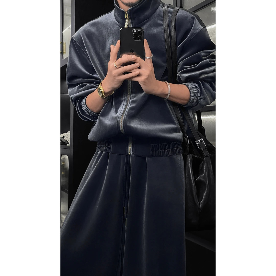 Autumn HighEnd Velvet Stand Collar Jacket Set for Men Light Simple Loose Casual Coat and Pants 241204