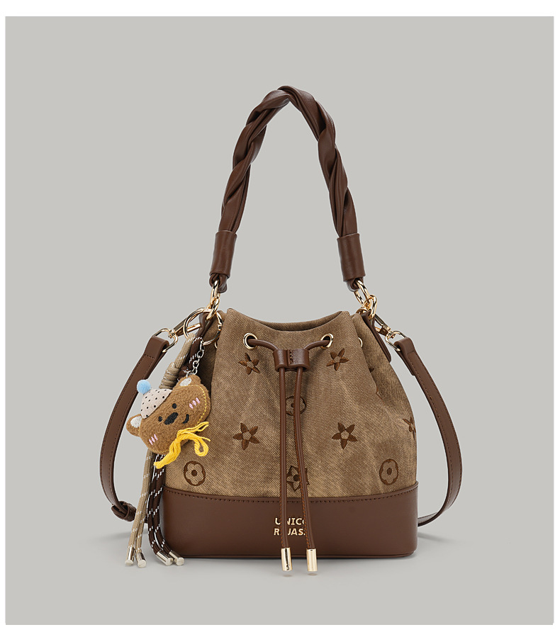 Vintage Monogram Canvas Bucket Bag Braided Handle Crossbody Purse With Cute Charms Free shipping