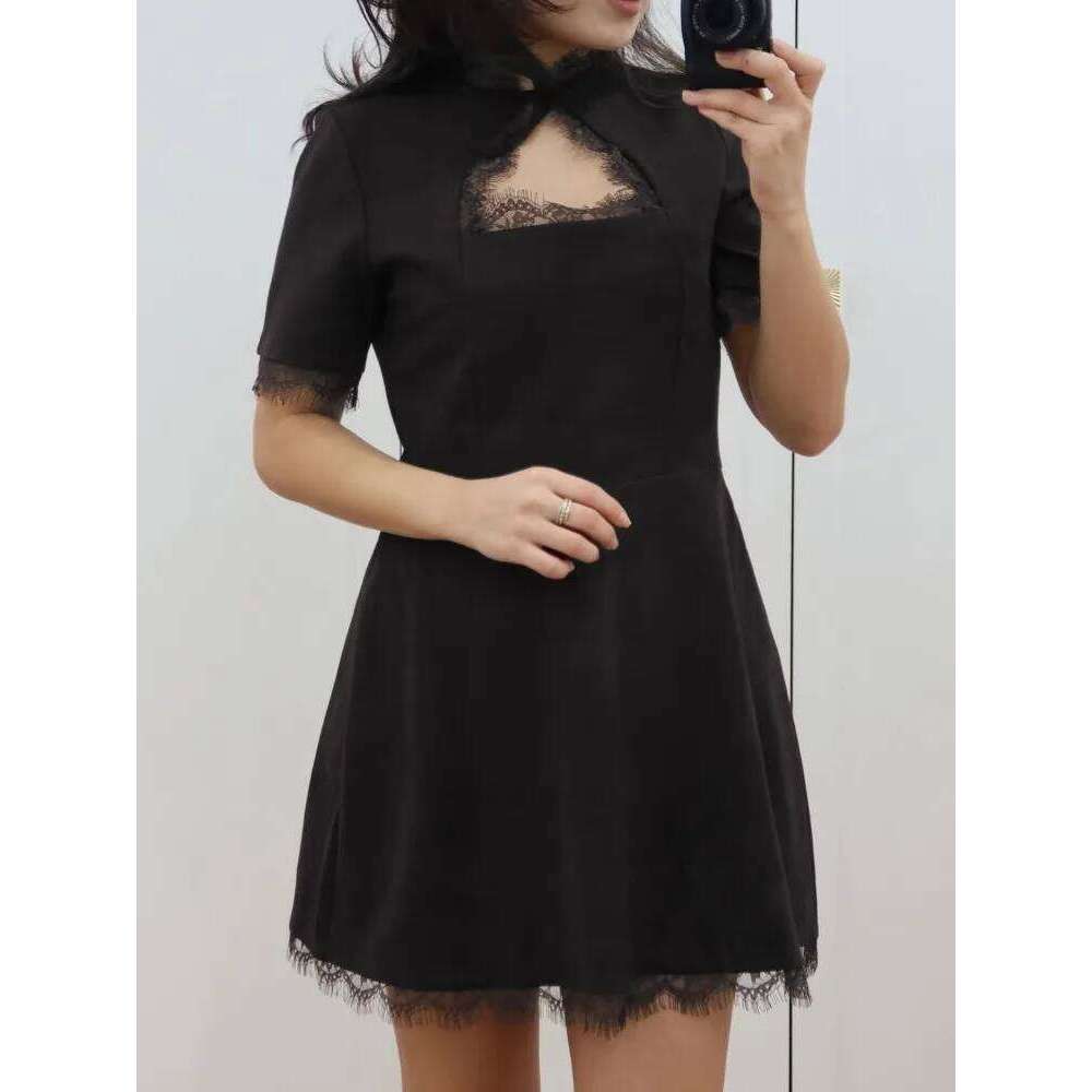Tossy Black Lace Hollow Out Mini Female Patchwork Short Sleeve Sexy High Waist Party Women's Casual Printed Dress