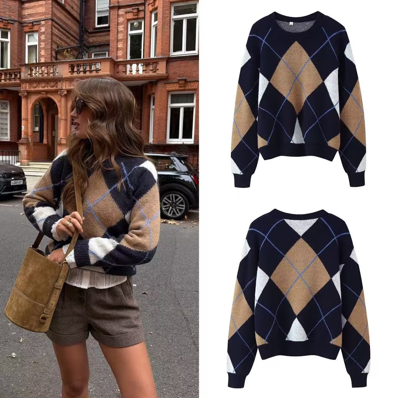 Spring Fashion Chic Knitted Tops Argyle O-Neck Long Sleeves Pullovers Female Casual Loose Sweater Tops 2 Color