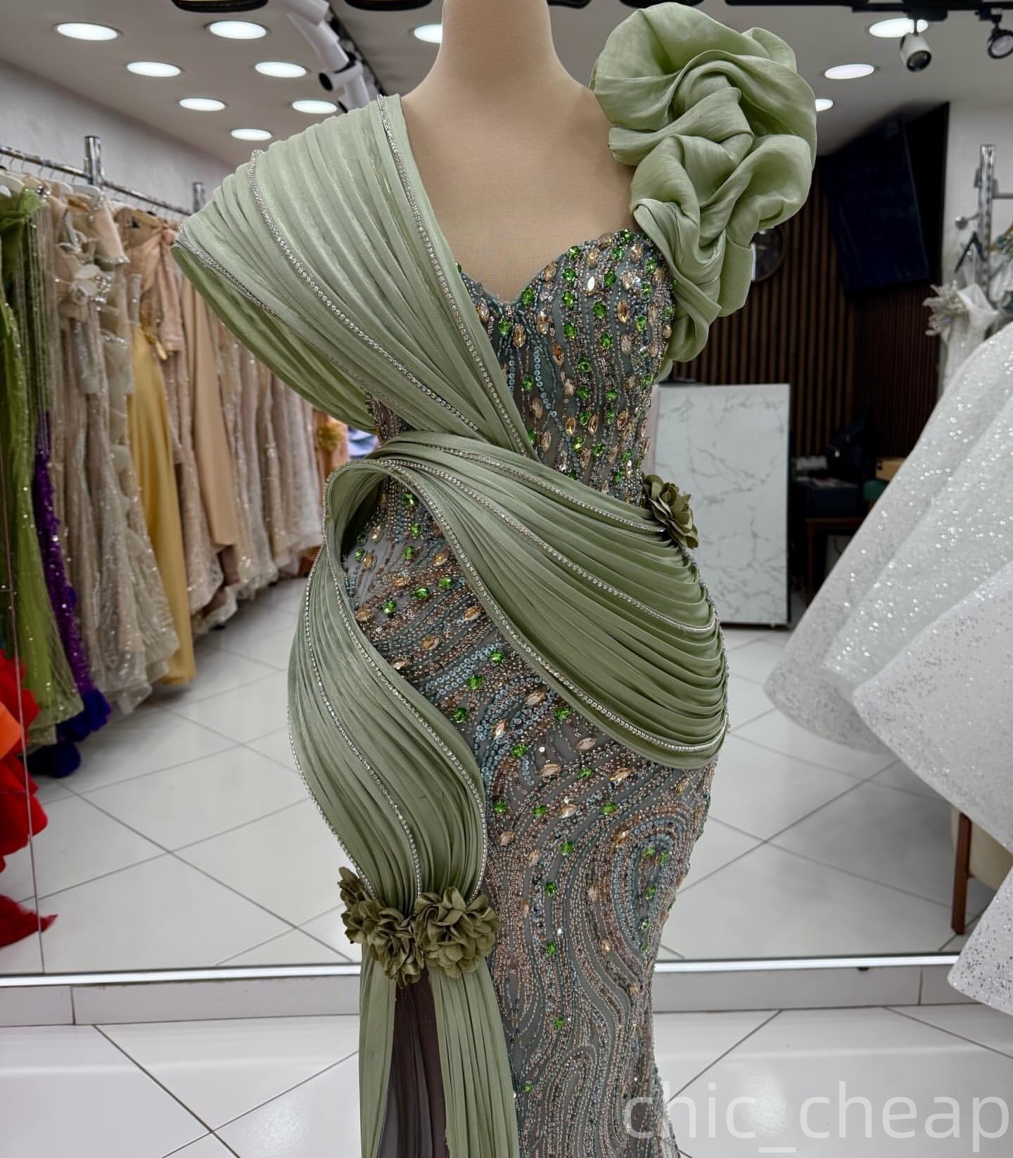 Aso Ebi 2026 Sage Mermaid Prom Dresses Beaded Crystals Flowers Sequined Evening Formal Party Second Birthday Engagement Gowns Dress For Special Occasi