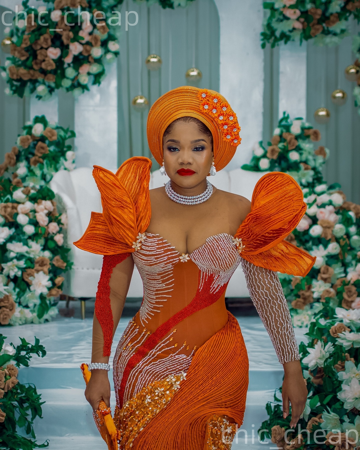 Aso Ebi Orange Nigerian Mermaid Prom Dresses 2026 Pearls Crystals Florals Evening Formal Party Second Birthday Engagement Gowns Dress For Special Occa