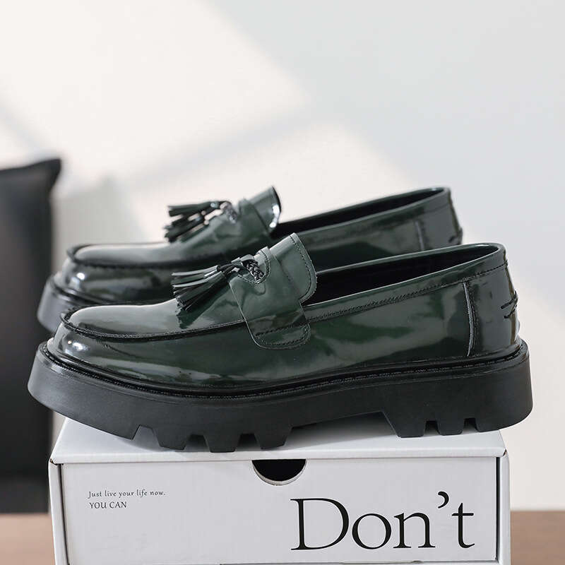 Spring and Autumn Youth Slip-On Loafers Thick-Soled Height-Increasing Black Fashion Men's Casual Leather Shoes