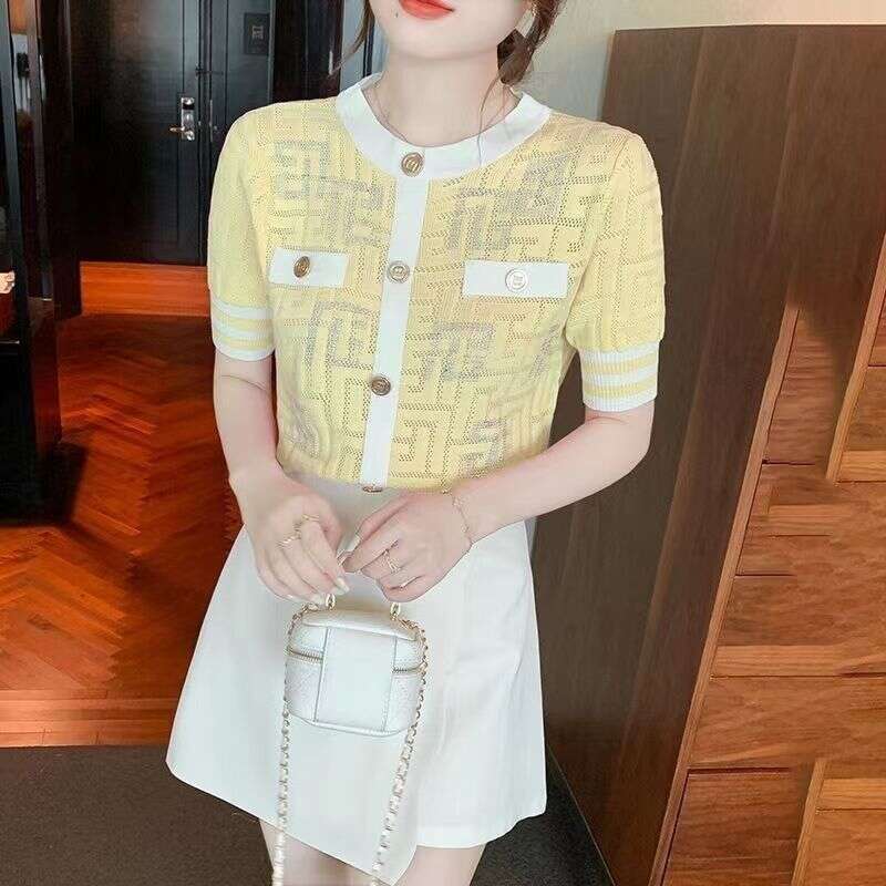 Luxury High-end Shiny Diamond Ice Silk T-shirt Thin Tops Button Summer Knit Tees Short Sleeve Striped Women's Clothing Outerwear