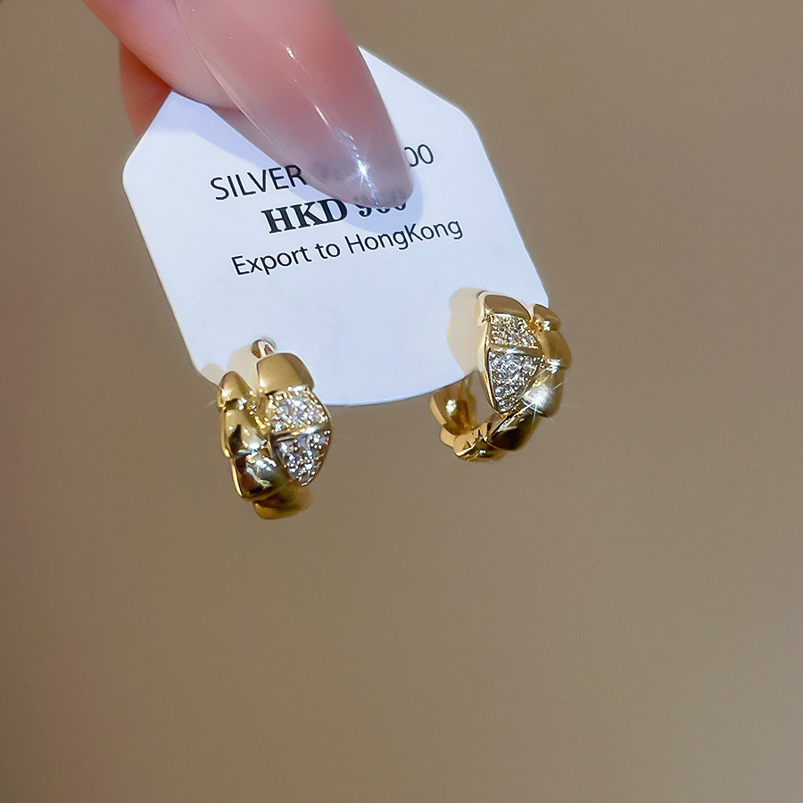 Real Gold Plated Zircon Snake Wrap French Retro Personality Fashion Design Sense Niche Earrings for Women - view 5
