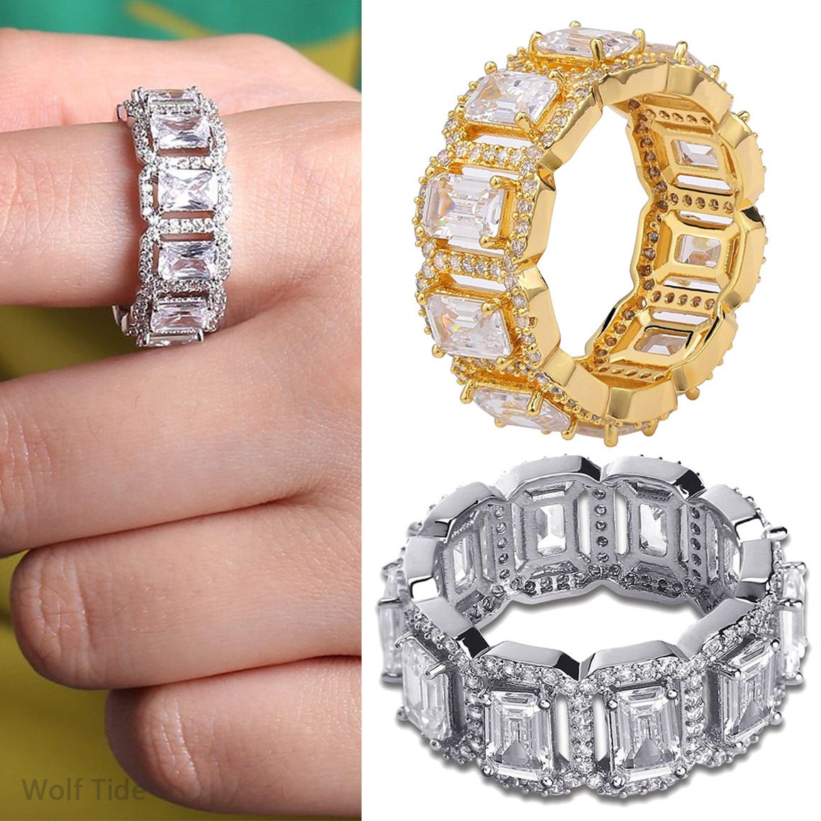New in Hip Hop Chain Rings Fashion Charm Square AAA Cubic Zirconia Tennis 1 Row CZ Bling Sparkly 14k Gold Finger Ring Mens Rapper Jewellery for Men Wo