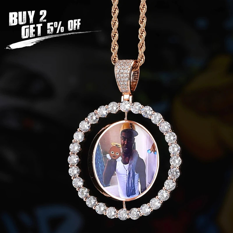 JINAO Custom Made Po Rotating double-sided Medallions Pendant Necklace With 4mm Tennis Chain Zircon Mens Hip hop Jewelry 260120