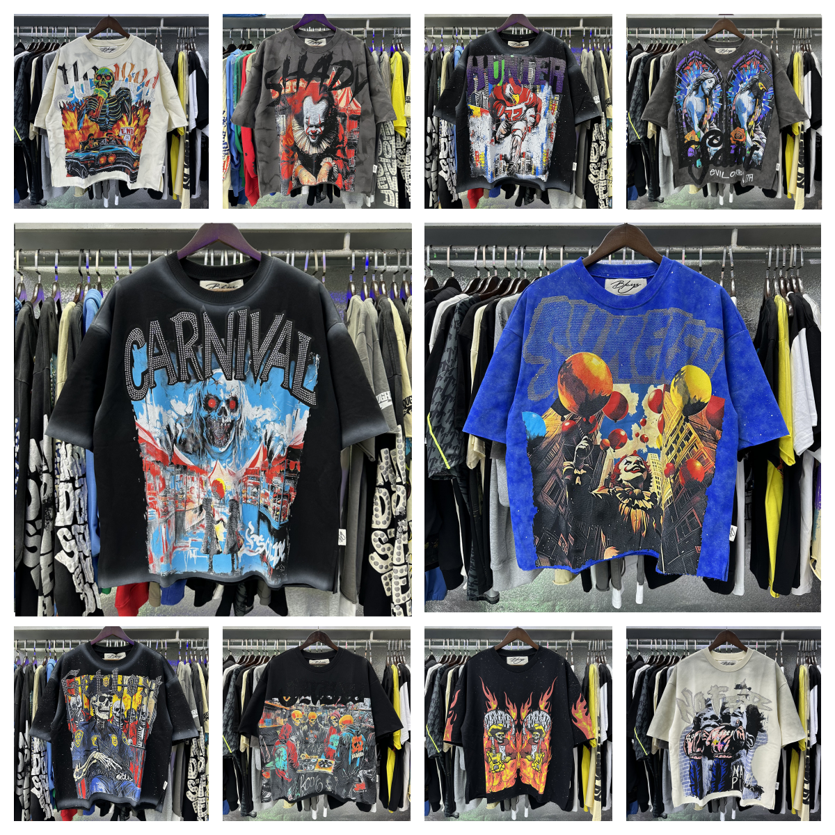 Men's T Shirts BKYS Tshirts Diamond Retro Graffiti Skeleton Devil Print Washed Black Cotton Vintage Short Sleeve Loose Street Round Neck Tops Men