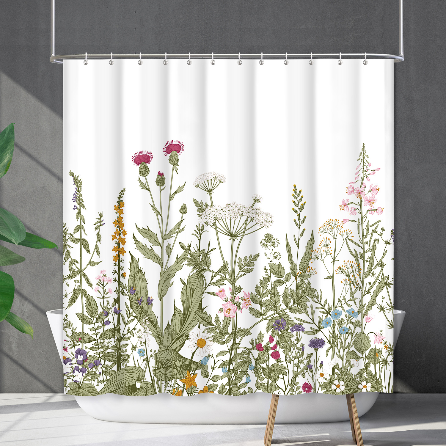 YL-38204 Waterproof Shower Curtain Set with Floral and Plant Designs, Shower Covering Curtain, No Drill Required