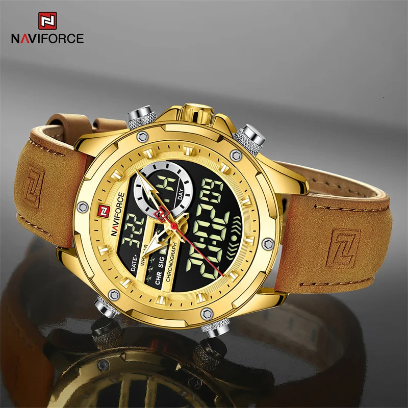 NAVIFORCE Original Watches For Men Casual Sport Chronograph Alarm Quartz WristWatch Leather Waterproof Digital Clock 9163 260114