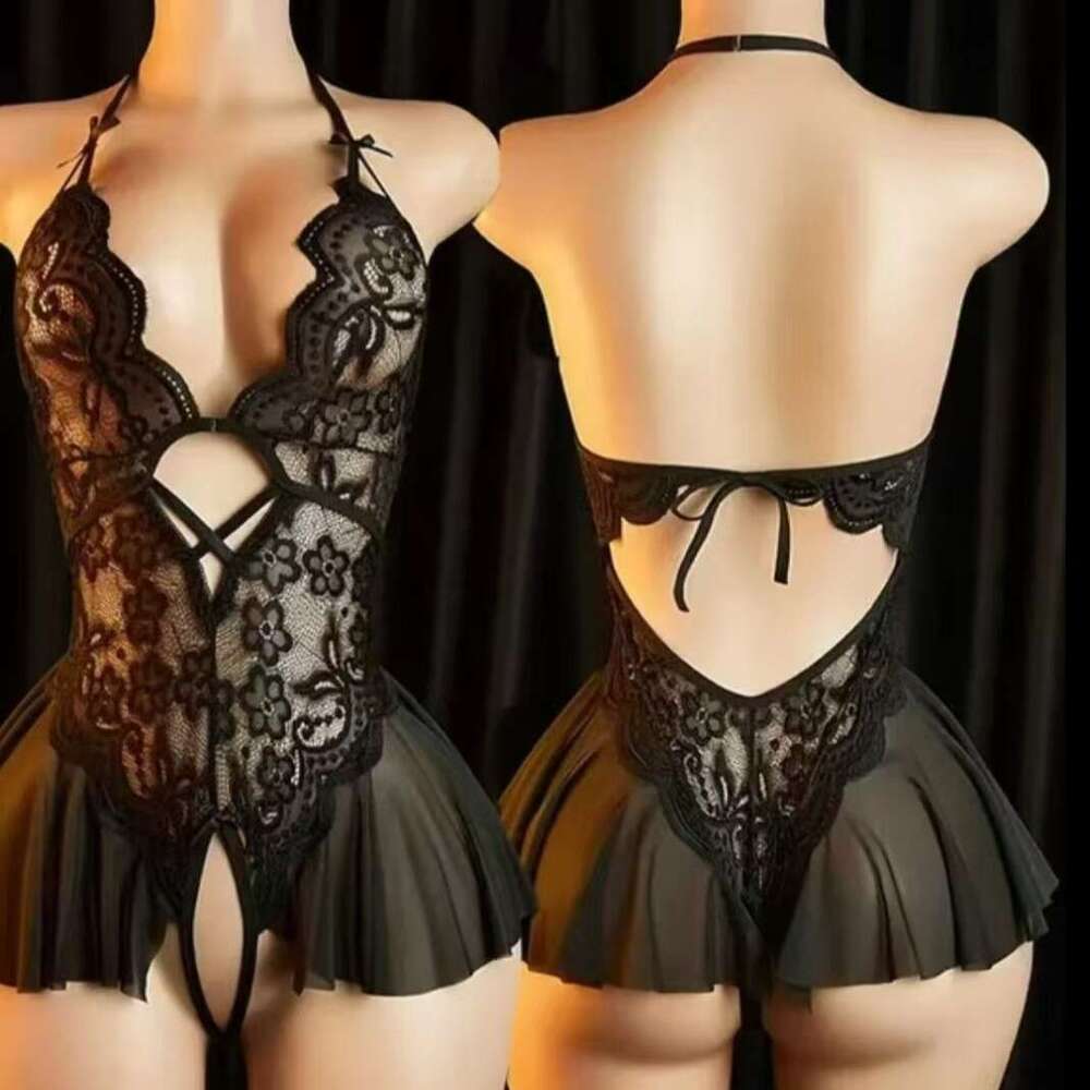 Red Lace Bodysuit with Ruffle Skirt Sexy Halter Neck Lingerie Set for Women, Romantic & Elegant Nightwear - view 3