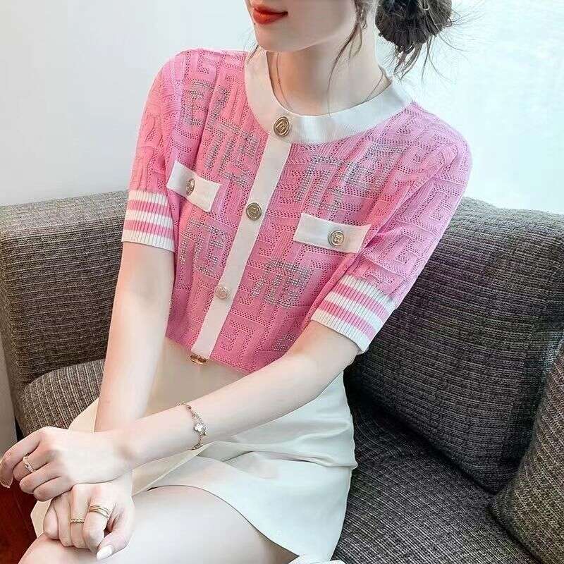 Luxury High-end Shiny Diamond Ice Silk T-shirt Thin Tops Button Summer Knit Tees Short Sleeve Striped Women's Clothing Outerwear