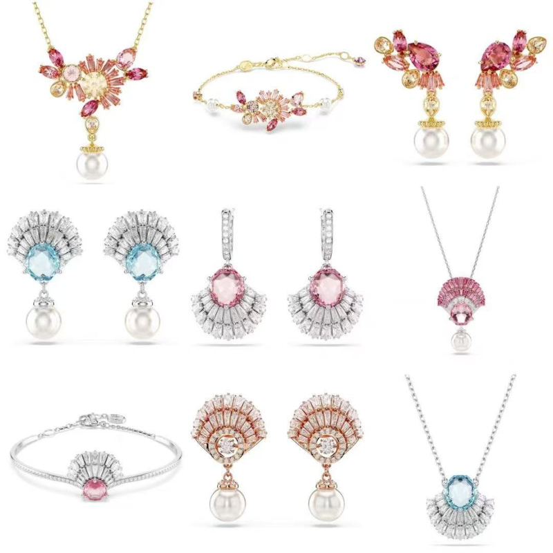 Luxury lovely cherry blossom designer bracelet bangle earrings necklace jewelry pink blue crystal shell ear rings bracelets necklaces bangles