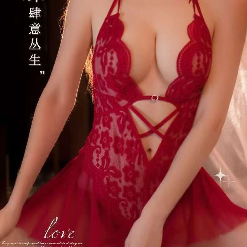 Red Lace Bodysuit with Ruffle Skirt Sexy Halter Neck Lingerie Set for Women, Romantic & Elegant Nightwear - view 5
