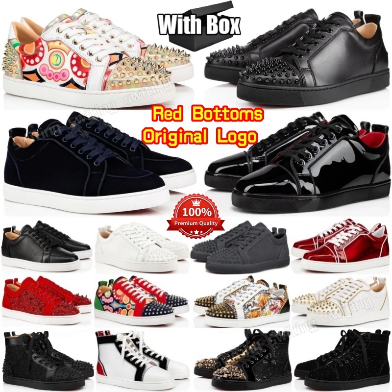 with box designer shoes red bottoms luxury dress men women sneakers glitter rivets leather suede camo spikes classic office career wedding casual trainers size 36-48