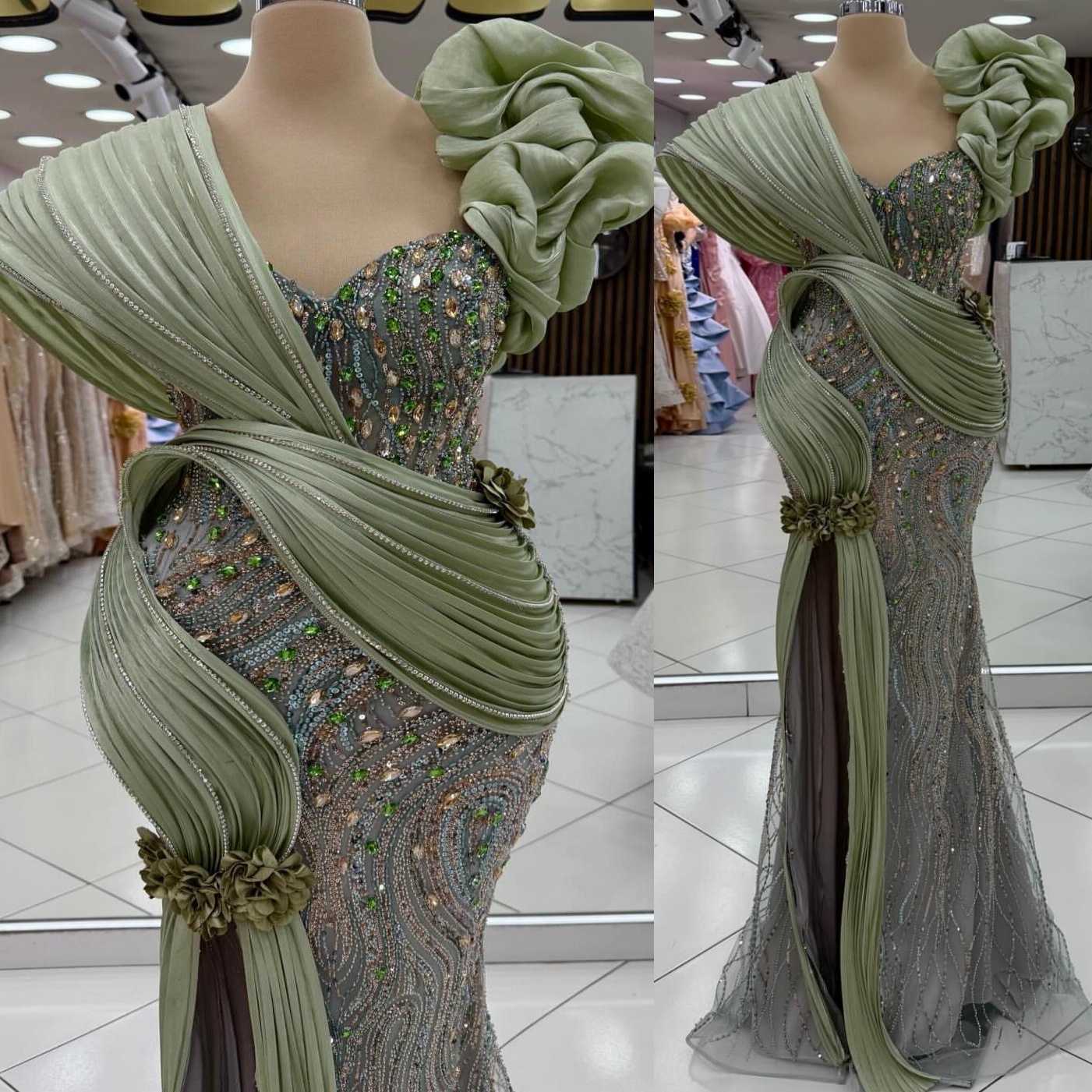 Aso Ebi 2026 Sage Mermaid Prom Dresses Beaded Crystals Flowers Sequined Evening Formal Party Second Birthday Engagement Gowns Dress For Special Occasi