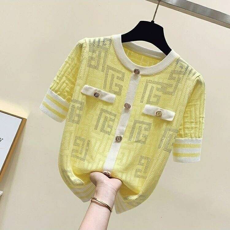 Luxury High-end Shiny Diamond Ice Silk T-shirt Thin Tops Button Summer Knit Tees Short Sleeve Striped Women's Clothing Outerwear