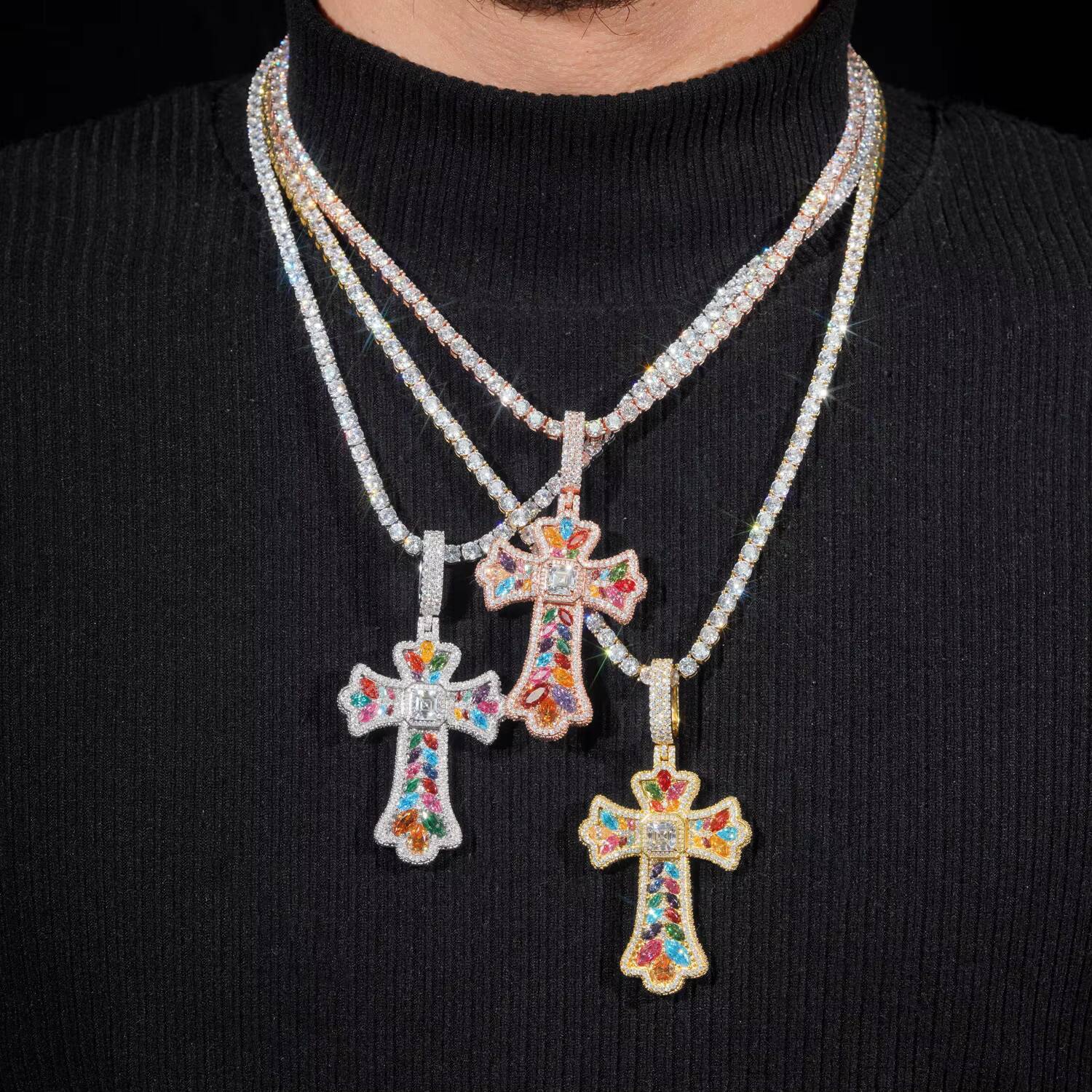 Luxury Fine Quality Religious Jewelry 925 Silver Gold Plated Fancy Shape Iced Out Multi Color VVS Moissanite Cross Charm Pendant