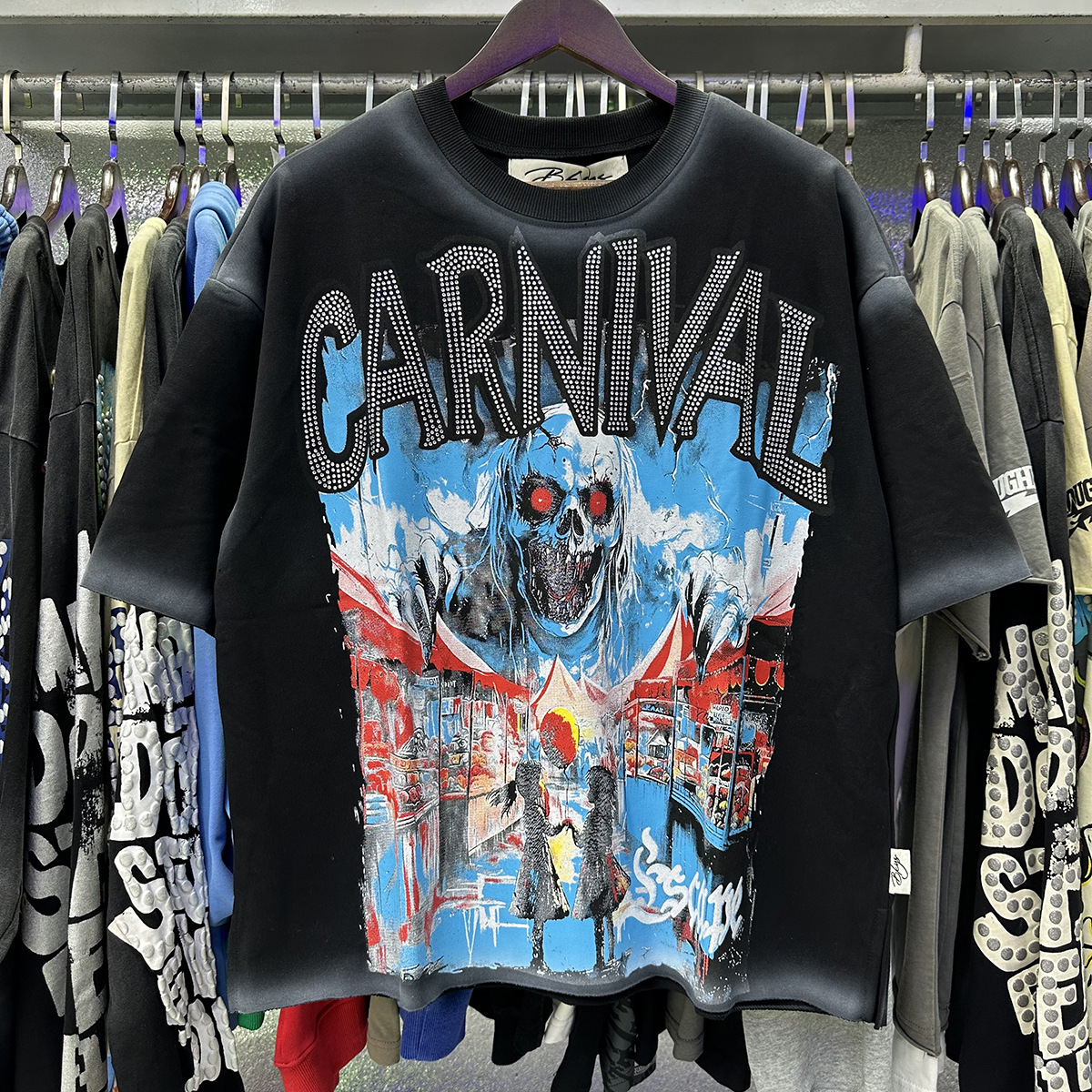 Men's T Shirts BKYS Tshirts Diamond Retro Graffiti Skeleton Devil Print Washed Black Cotton Vintage Short Sleeve Loose Street Round Neck Tops Men