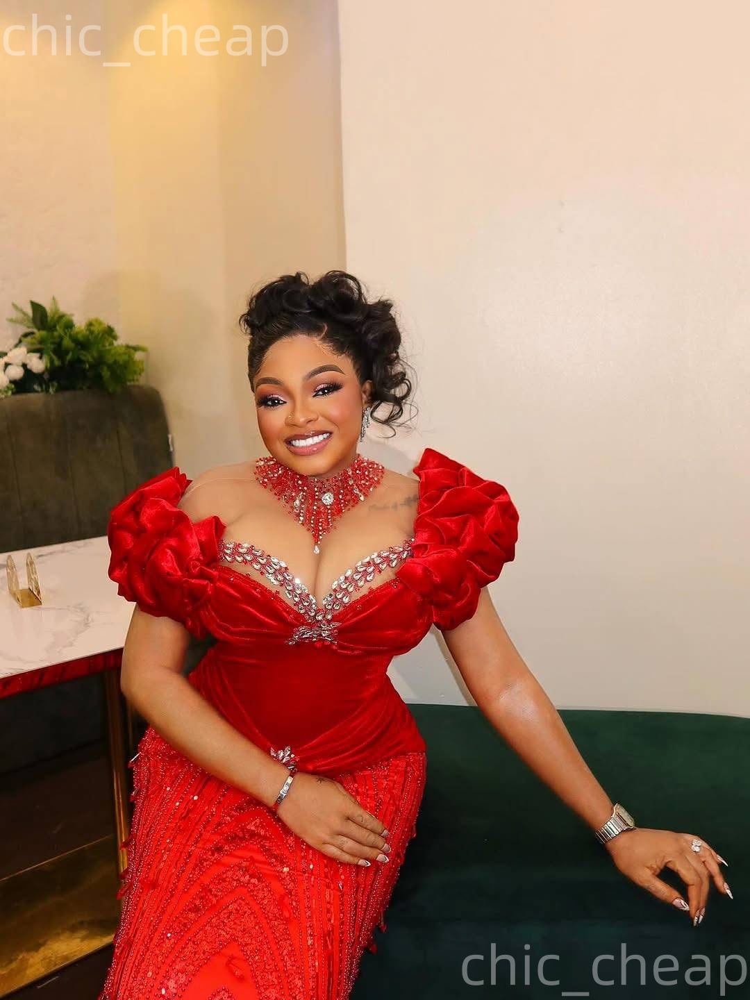 Aso Ebi Nigerian Red Sheath Prom Dresses 2026 Crystals Sheer Neck Sequined Evening Formal Party Second Birthday Engagement Gowns Dress For Special Occ