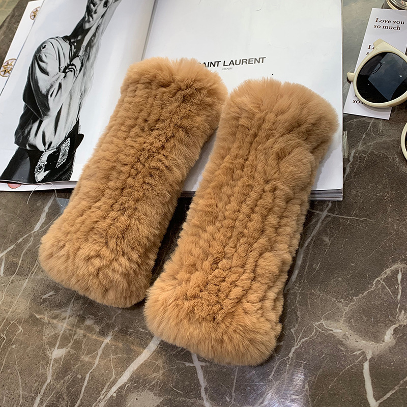Sweet Lady Autumn Winter Warm Thickened Rex Rabbit Fur Gloves Female Student Writing Knitting Gloves Half Finger Full Finger 241122