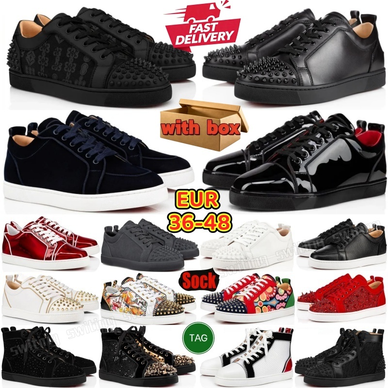 Luxury Designer Shoes Red Dress Shoe Mens Womens Casual Shoes Bottoms Sneakers Glitter Grey Rivets Leather Suede Spikes Classic Office Career Wedding Trainers 36-48