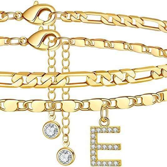 Cross-Border Foreign Trade 14K Gold Plated Exquisite Layered Figaro Chain CZ Initial Anklet Set Summer Gift
