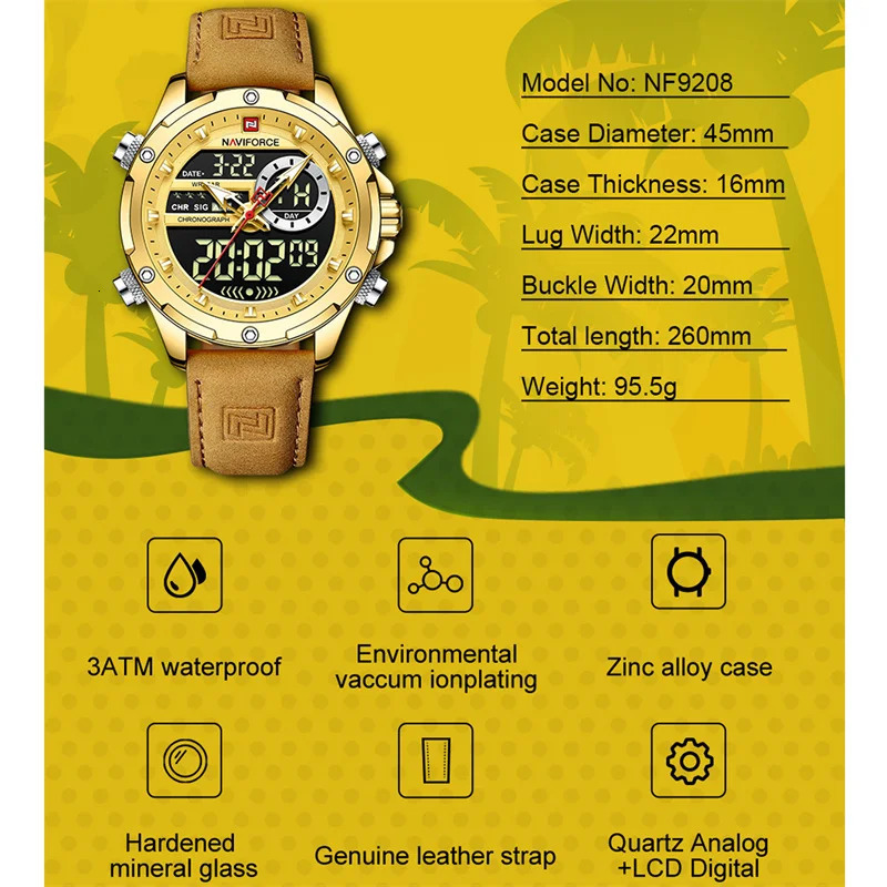 NAVIFORCE Original Watches For Men Casual Sport Chronograph Alarm Quartz WristWatch Leather Waterproof Digital Clock 9163 260114
