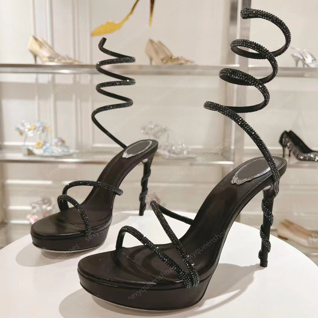 TOP Quality RENE Super High Platform Heels Womens Sandals Fashion Crystal Serpentine Wrapped Ankle Strap Luxury Designer Shoes Summer Party Wedding Shoes With Box