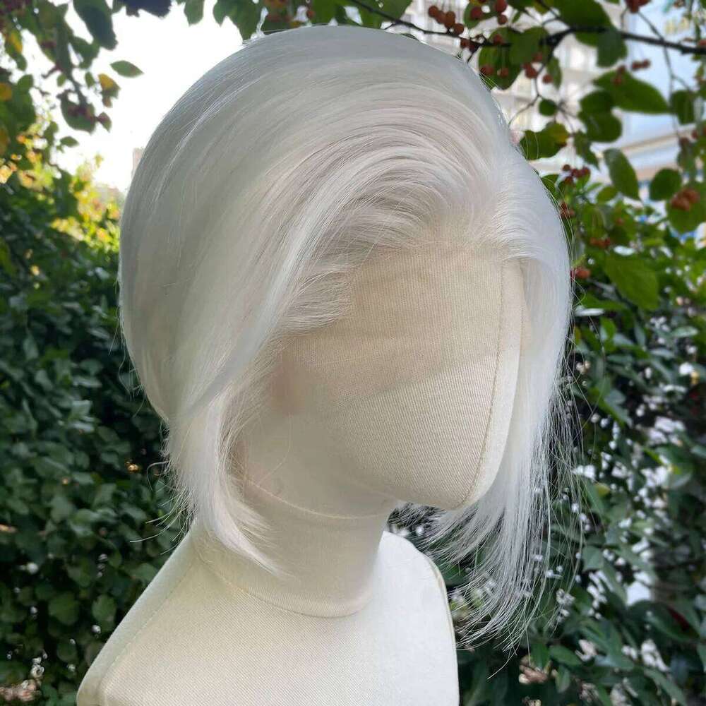 Widow's Peak Short Bob Cut Synthetic Front Women Cosplay For Men White Color Glueless 13X4 Lace Wigs Natural SHXI