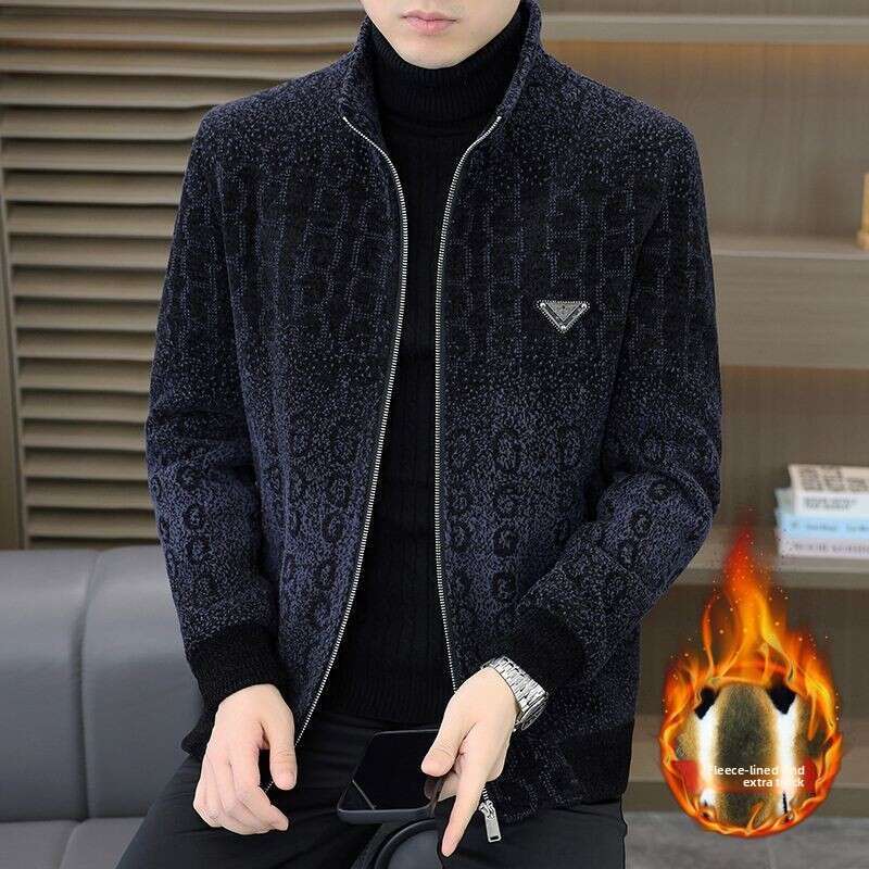 2026 High-End New Gold Mink Velvet Woolen Middle-Aged Men's Coat Warm Stand Collar Thickened Fleece Short Jacket