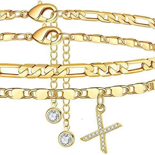 Cross-Border Foreign Trade 14K Gold Plated Exquisite Layered Figaro Chain CZ Initial Anklet Set Summer Gift