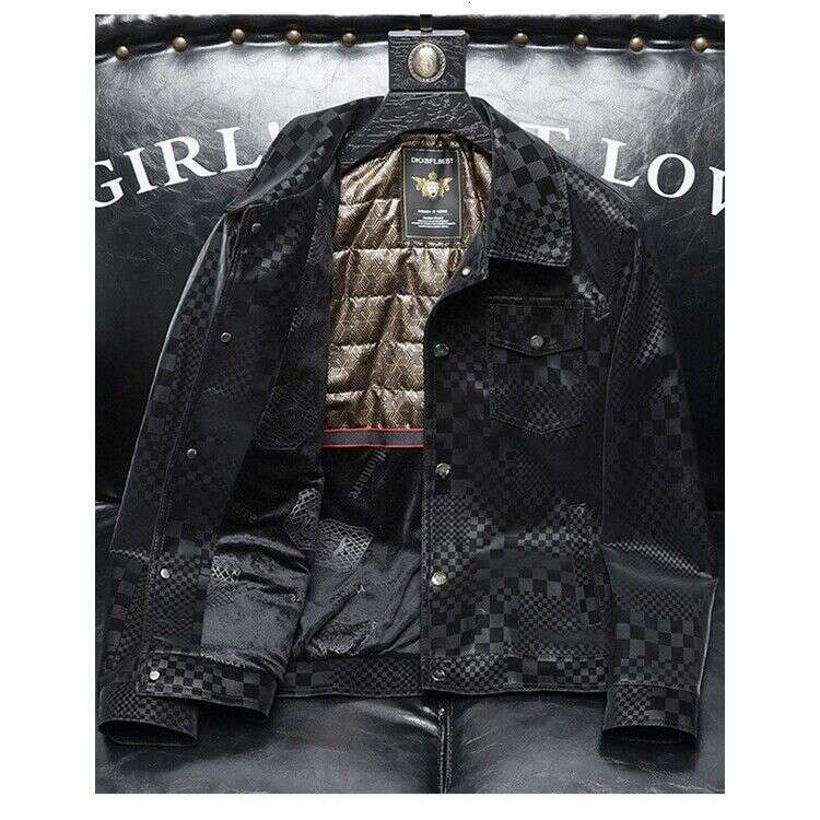 Thin Checkerboard Collar Leather Jacket For Men Men's Jacket Autumn Winter Slim Plus Fashion trend Thickened Biker Casual Coat Men plaid Leather 