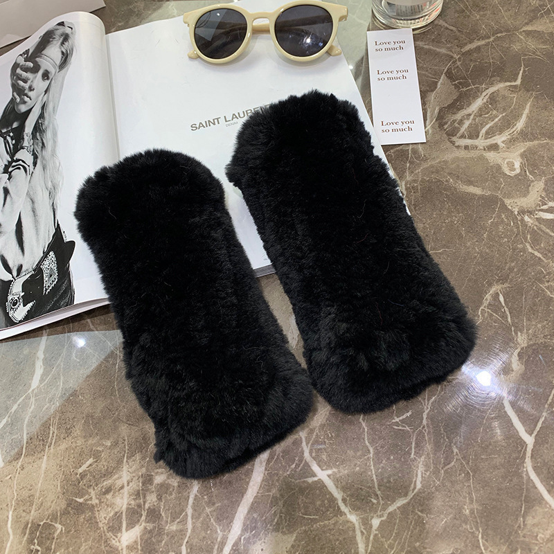 Sweet Lady Autumn Winter Warm Thickened Rex Rabbit Fur Gloves Female Student Writing Knitting Gloves Half Finger Full Finger 241122