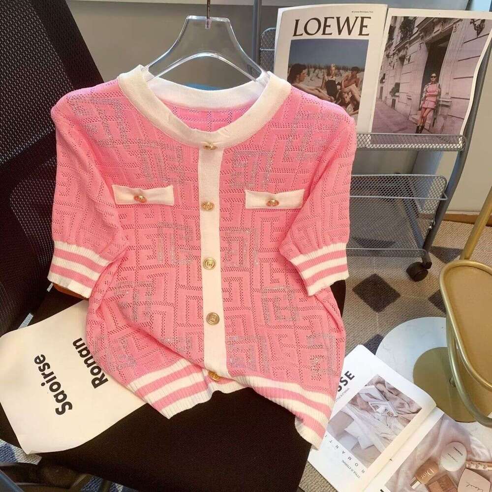 Luxury High-end Shiny Diamond Ice Silk T-shirt Thin Tops Button Summer Knit Tees Short Sleeve Striped Women's Clothing Outerwear