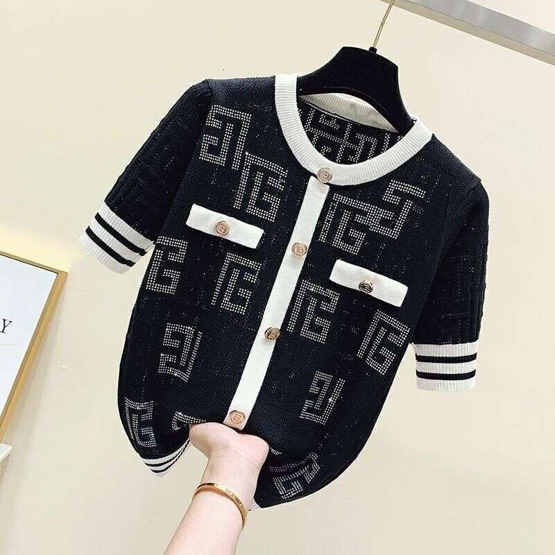 Luxury High-end Shiny Diamond Ice Silk T-shirt Thin Tops Button Summer Knit Tees Short Sleeve Striped Women's Clothing Outerwear