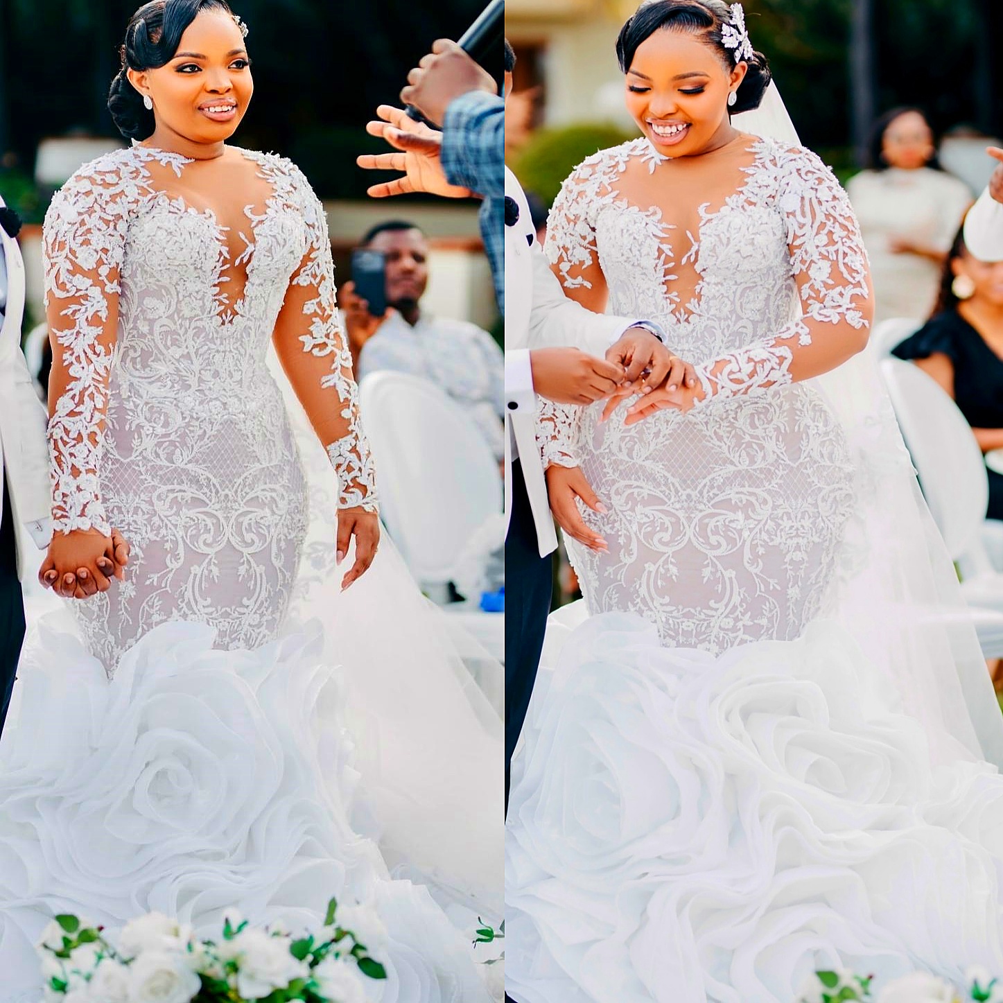 African Aso Ebi 2026 White Mermaid Wedding Dress Lace Sheer Neck Illusion Full Sleeves Organza Detachable Train Bridal Gowns Dresses ZJ2379