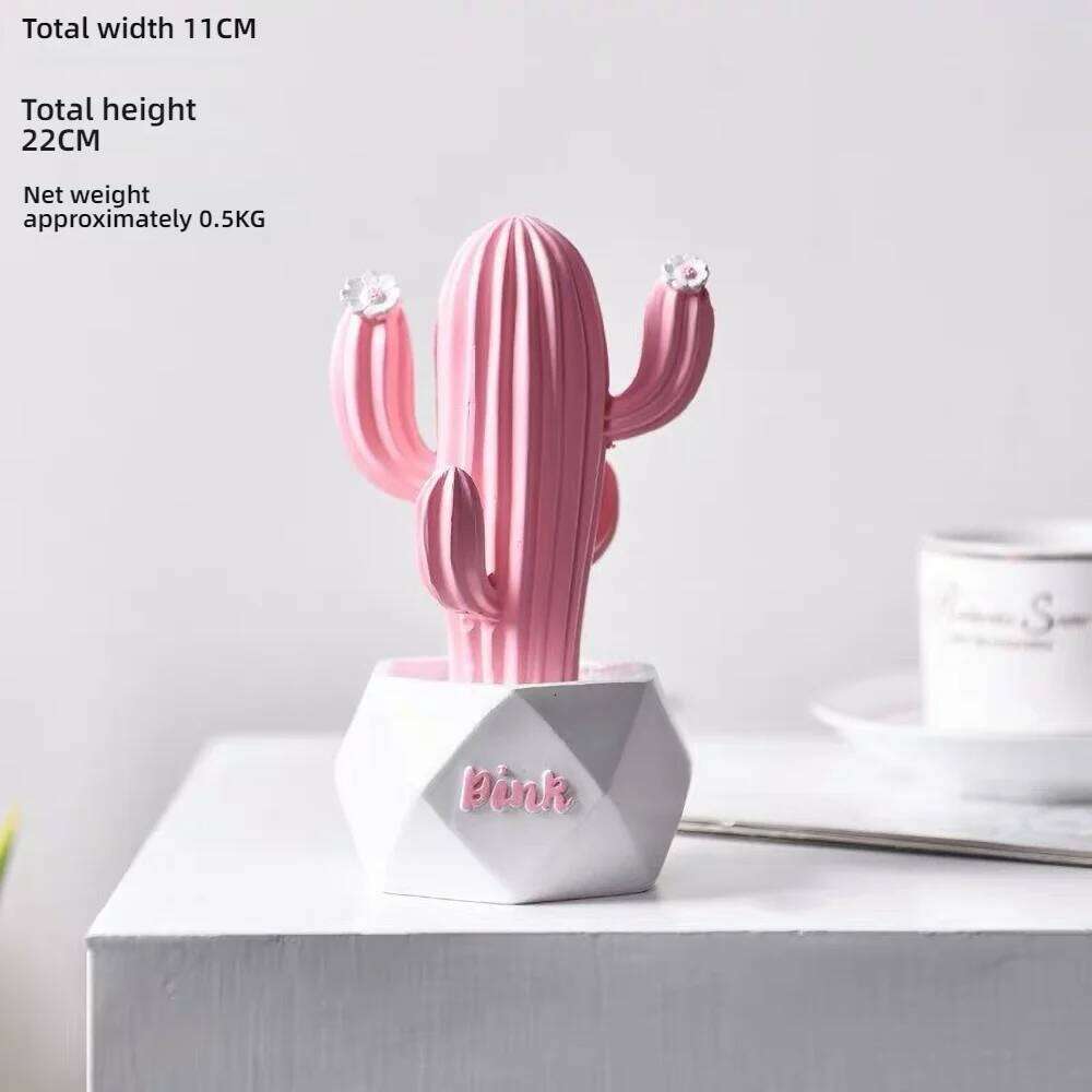 Pink Resin Cactus Desk Decor - Mini Succulent Ornament Girls, Self Care Gift for Women Office & Home