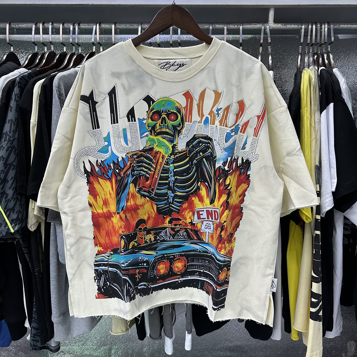 Men's T Shirts BKYS Tshirts Diamond Retro Graffiti Skeleton Devil Print Washed Black Cotton Vintage Short Sleeve Loose Street Round Neck Tops Men