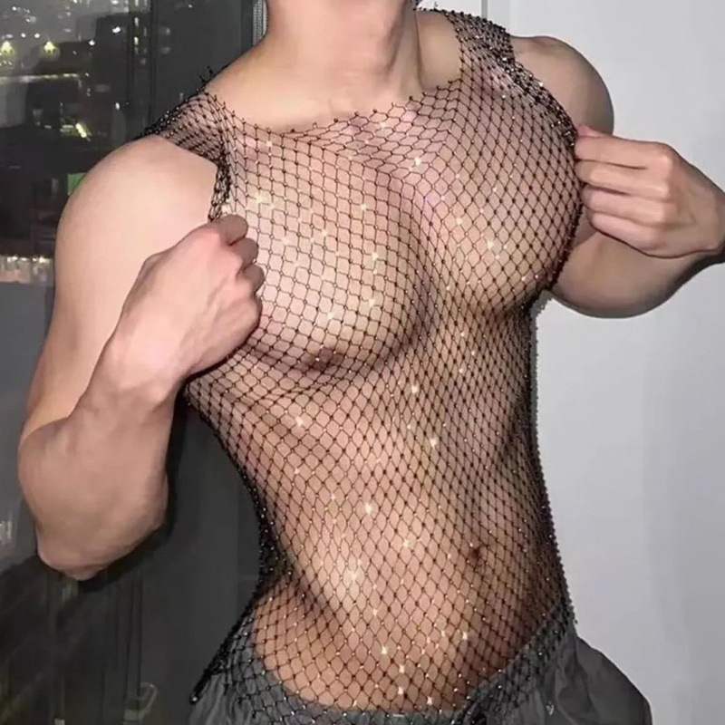 Stage Wear Sparkly Rhinestone Men's Hollow Out Tank Top Sheer Fishnet Party Club Performance Top