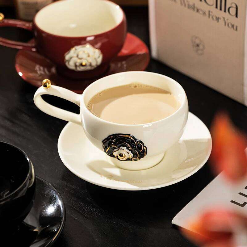 High-Grade Exquisite 2025 New Three-Dimensional Camellia Coffee Saucer Ceramic Cup Red White Black Suit 280ML