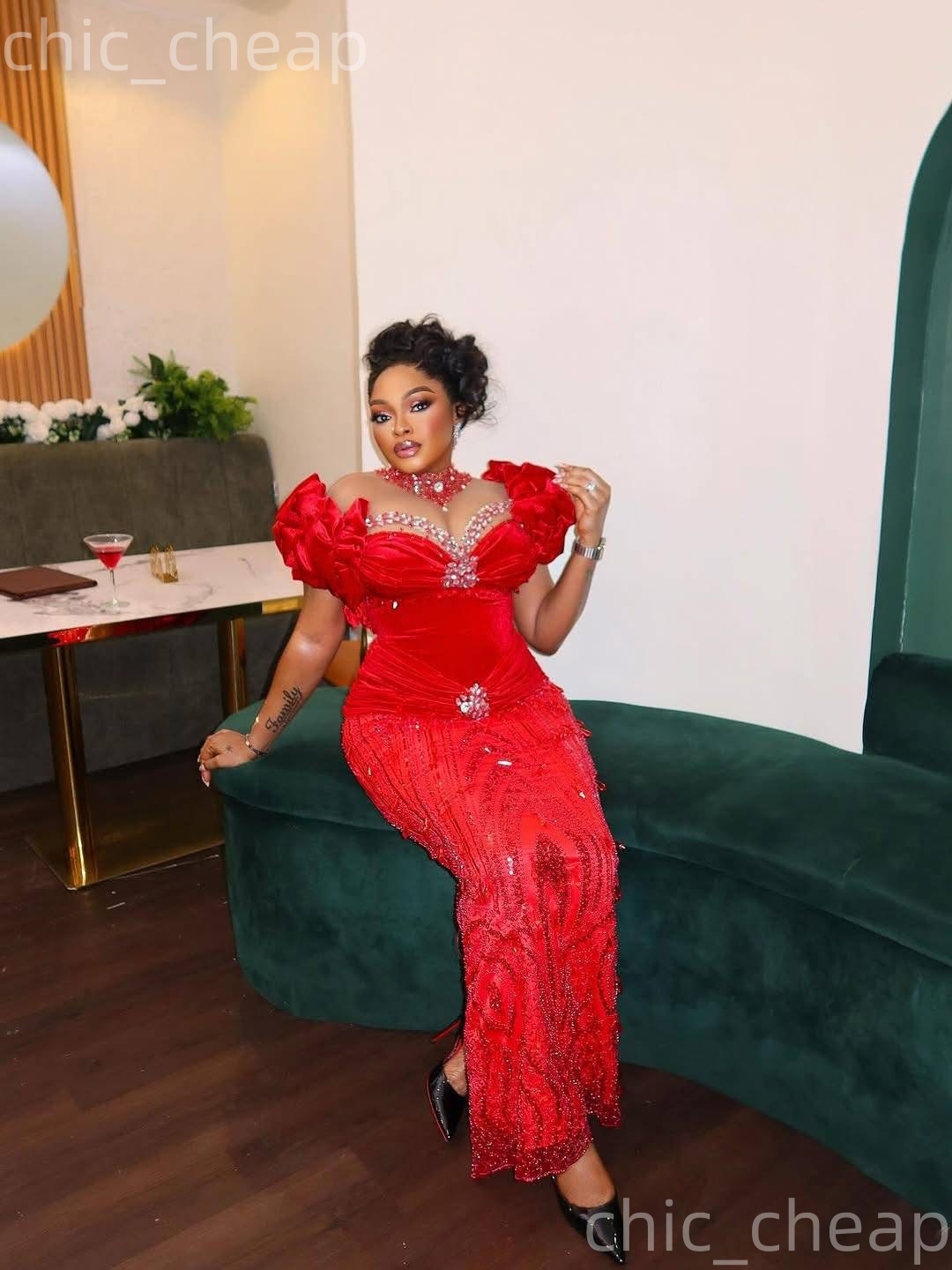 Aso Ebi Nigerian Red Sheath Prom Dresses 2026 Crystals Sheer Neck Sequined Evening Formal Party Second Birthday Engagement Gowns Dress For Special Occ