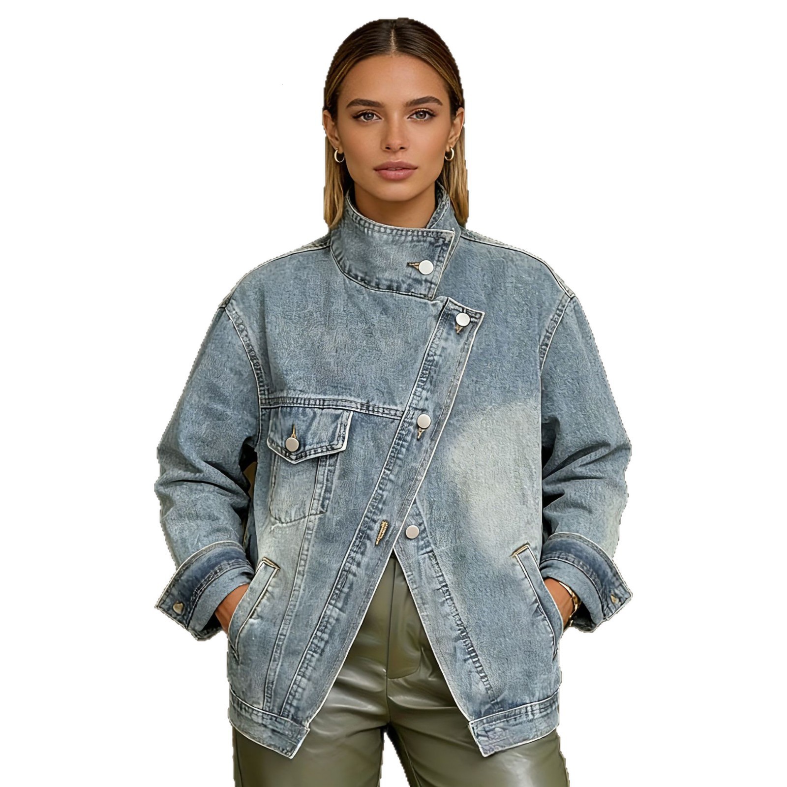 2025 Denim Jacket Irregular Single Pocket Design Womens Loose Coat 240116