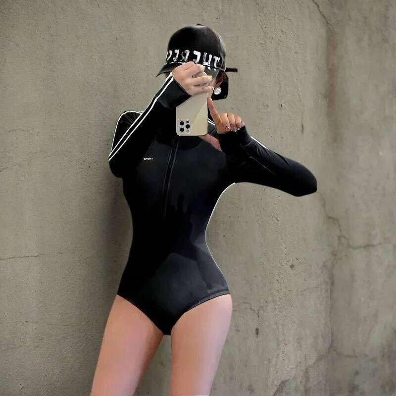 Long Sleeve Swimsuit Women Full Body Wetsuit Front Zip One Piece Bathing Suit with Built in Bra for Wakeboarding Diving Vacation