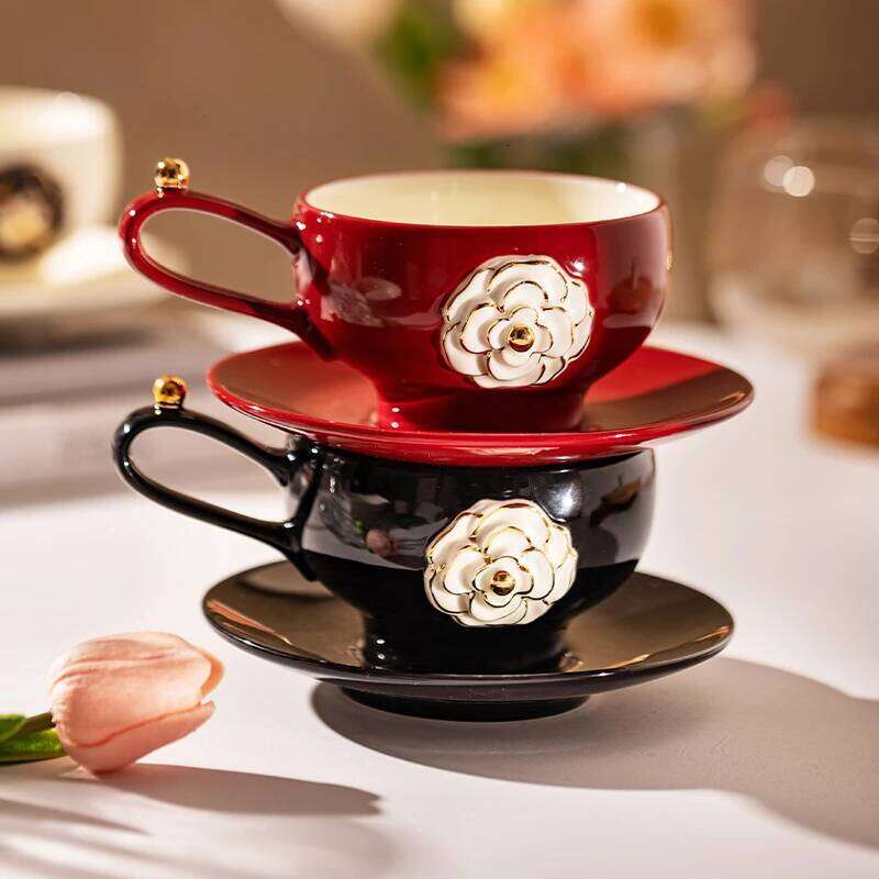 High-Grade Exquisite 2025 New Three-Dimensional Camellia Coffee Saucer Ceramic Cup Red White Black Suit 280ML