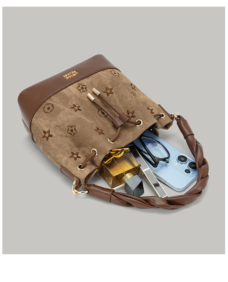 Vintage Monogram Canvas Bucket Bag Braided Handle Crossbody Purse With Cute Charms Free shipping