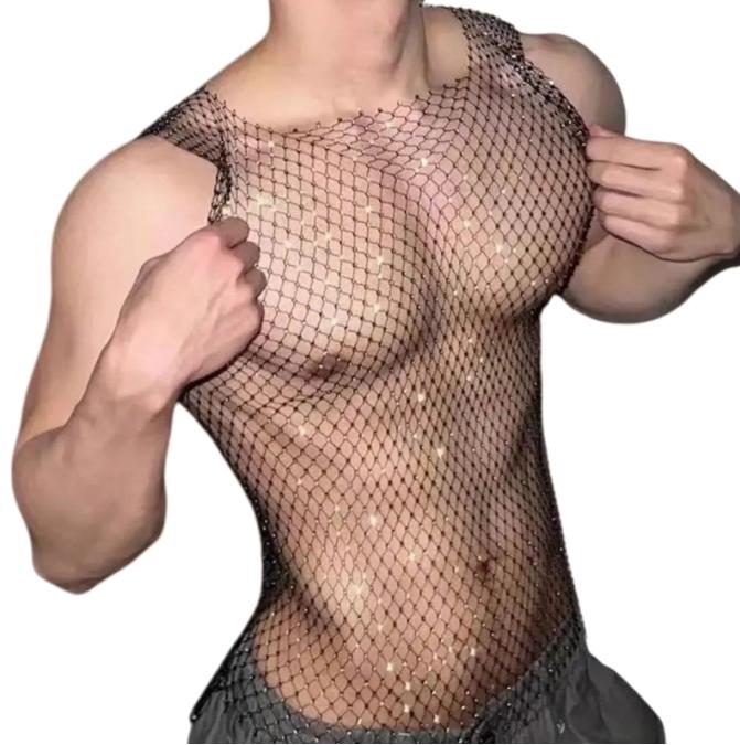 Stage Wear Sparkly Rhinestone Men's Hollow Out Tank Top Sheer Fishnet Party Club Performance Top