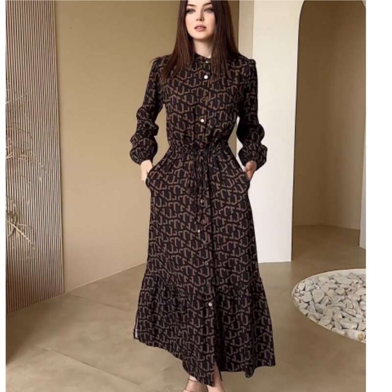 In Stock 2025 Autumn New Fashion Elegant Temperament Lace-Up Waist Single-Breasted Long Dress