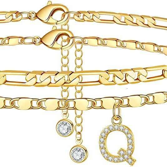 Cross-Border Foreign Trade 14K Gold Plated Exquisite Layered Figaro Chain CZ Initial Anklet Set Summer Gift